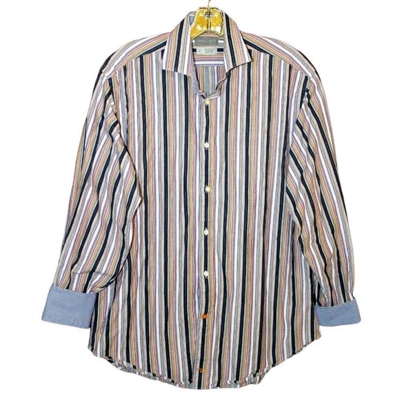 Thomas Dean Button Down Shirt Mens M Flip Cuff Orange Purple Stripe Cotton - Picture 1 of 9